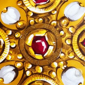 Gloria Sachs Silk Shawl Scarf 68in Long Gold Bijoux Jewelry Motif Stars Vintage